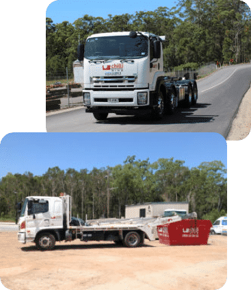 A truck delivering a skip bin to a job site on the Sunshine Coast